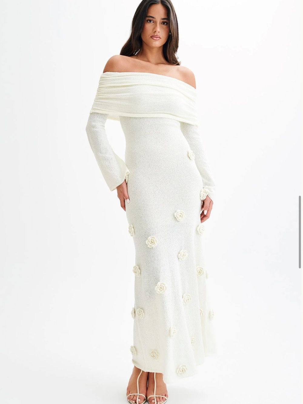 Meshki Ivory Off-Shoulder Floral Appliqué Maxi Dress